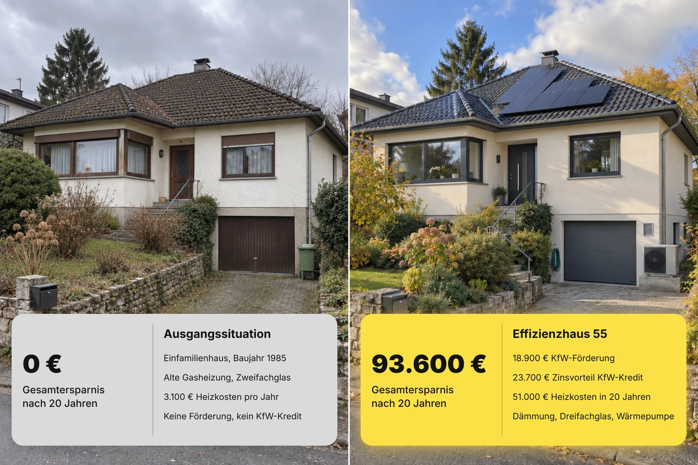 Musterbeispiel Reutlingen: Zweifamilienhaus von 1985 vor und nach der Sanierung zum Effizienzhaus 55