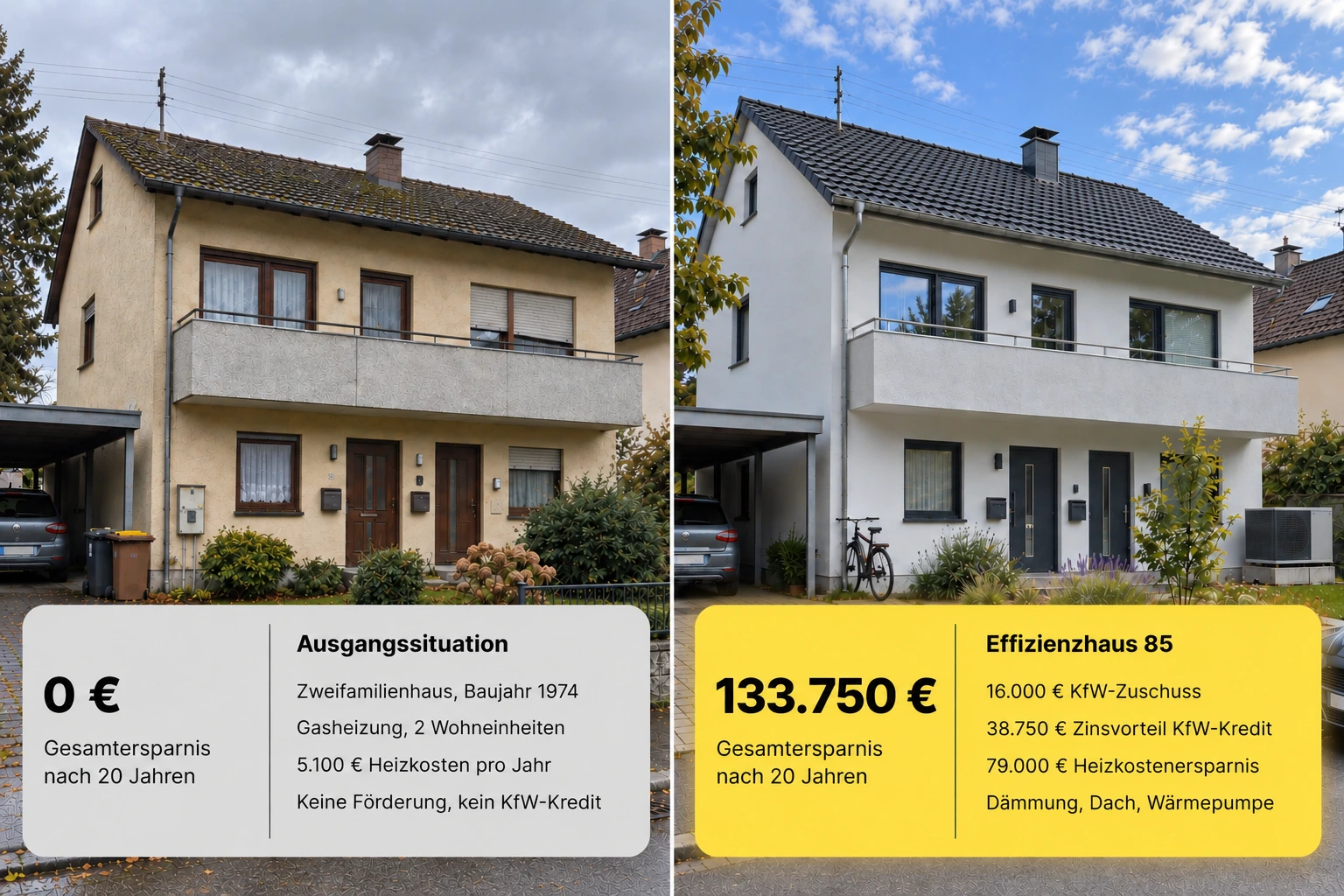 Musterbeispiel Biberach: Zweifamilienhaus von 1974 vor und nach der Sanierung zum Effizienzhaus 85