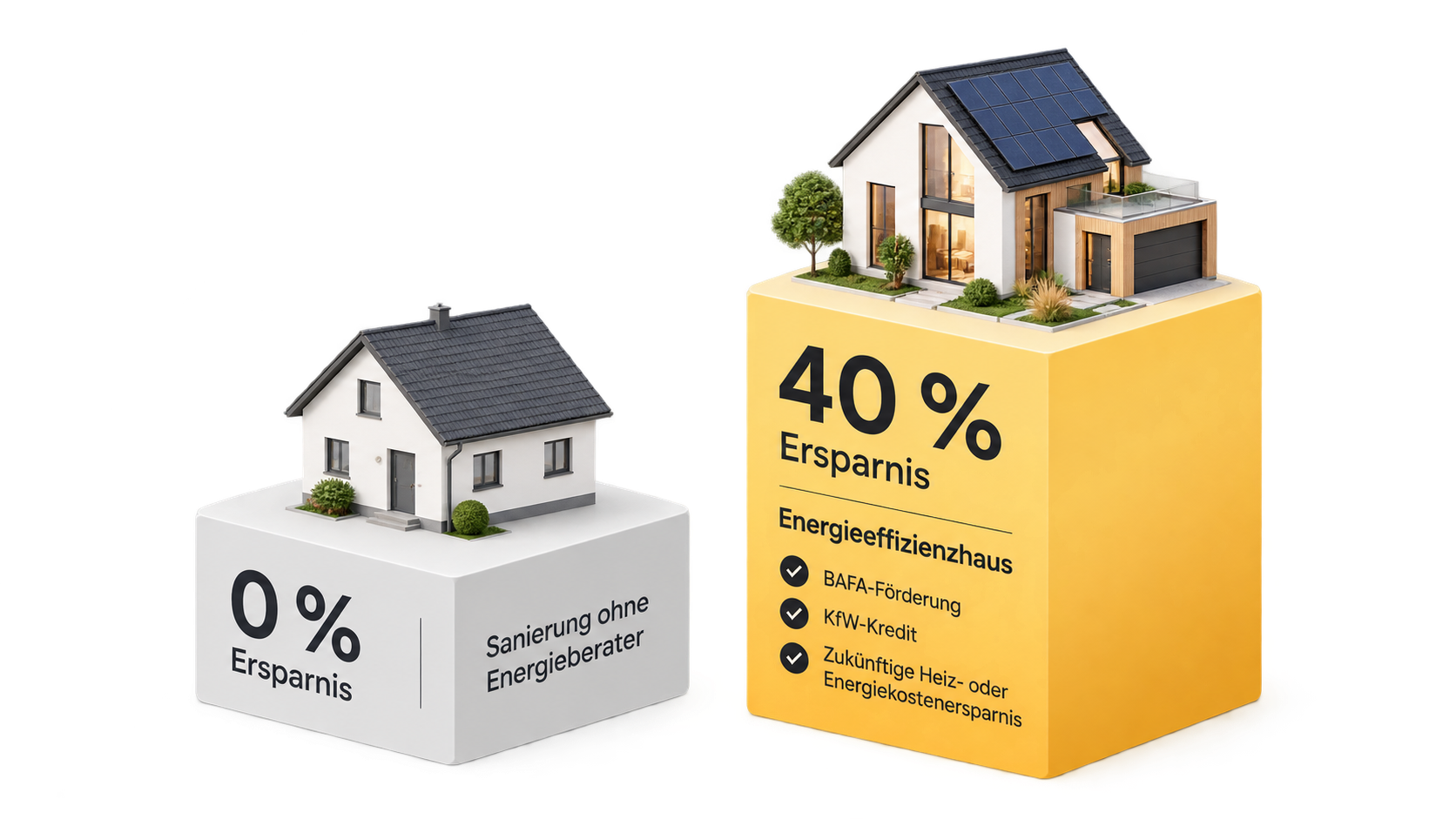 Vergleich: Sanierung ohne Energieberater 0 % Ersparnis gegenüber Effizienzhaus mit Energieberatung bis zu 40 % Ersparnis