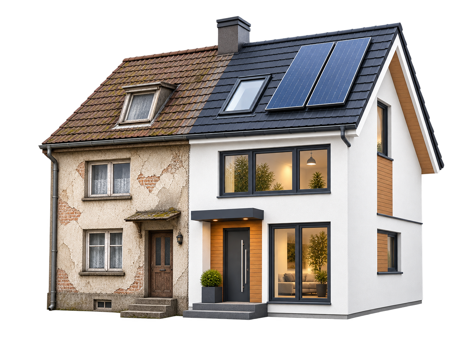 Haus links unsaniert, rechts saniert zum Effizienzhaus